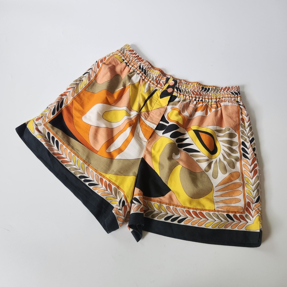 Zara Printed Shorts Small Abstract Floral Elastic Waist High Rise Boho Mod Retro